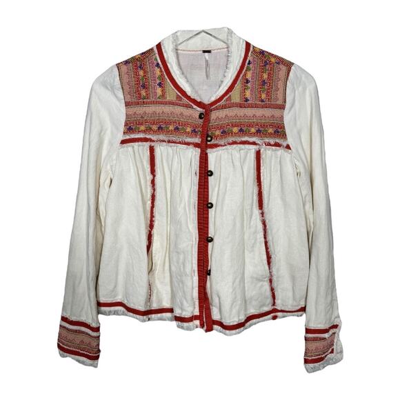 Free People Embroidered Linen Blend Jacket XS White Red Boho Festival Beach - Picture 1 of 7